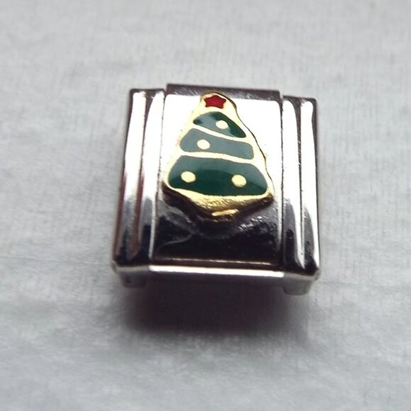Enamel decorated holiday tree 9mm stainless steel Italian charm bracelet link - Picture 1 of 2
